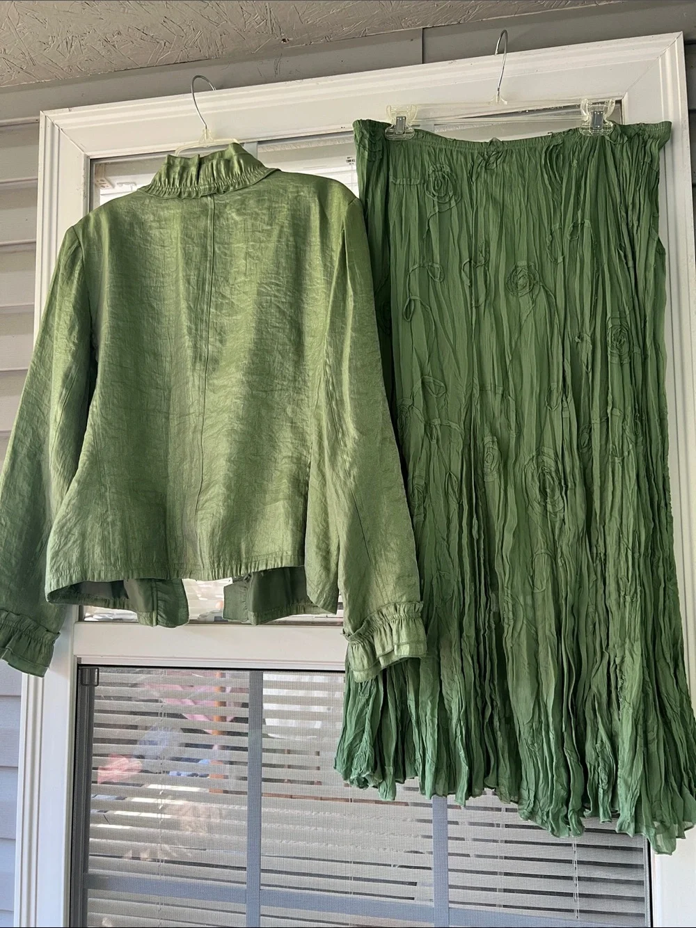 RAFAEL Sage Green Ruffle-Trim Jacket with Matching Skirt
